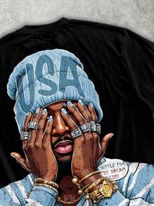 Manfinity Roghcode 男士宽松街头人物印花短款 T 恤 - 黑色 - 查看 2