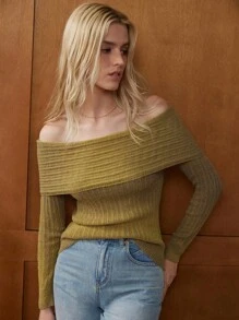 Elnivra 优雅法式复古休闲性感简约百搭春秋冬女式日常度假露肩长袖渐变大地色系黄棕色长袖毛衣 - 黃色 - 查看 8