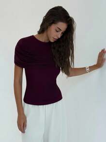 Aloruh 女士优雅纯色褶皱修身上衣，夏季婚礼周年纪念伴娘派对约会性感可爱夏季上衣秋季教师飘逸上衣深紫色网纱前褶皱上衣，罗马式垂褶，优雅约会，浪漫教堂优雅 - 酒紅色 - 查看 9