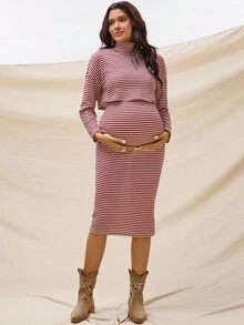 Boho Mama 2 Stücke Umstandsmode Lässig gestreiftes Top mit Kragen und Rocksset - Rot-Weiß - Übersicht 8