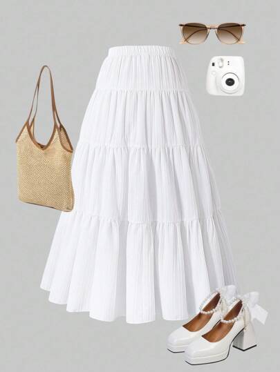 Elegant Choice For Baby: Girls' White Woven Crinkle Fabric Skirt, Unique Texture, Delicate Details, Pleated Fluidity, Showcasing Sweet Elegant, Essential For Outings. Fall Winter