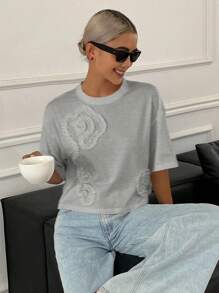 DAZY 女士休闲百褶花卉宽松短袖短款圆领T恤，秋季 - 灰色 - 查看 5