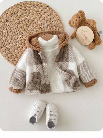 SHEIN Kurtka z kapturem w kratkę dla noworodka, pluszowa, uniwersalna i wygodna na jesień/zimę