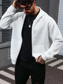 Manfinity Homme 男士运动衫 运动衫，成熟街头风格纹理面料 白色拉链连帽衫 男士白色绗缝夹克 白色连帽夹克 男士纹理拉链夹克 男士白色休闲夹克 - 白色 - 查看 1