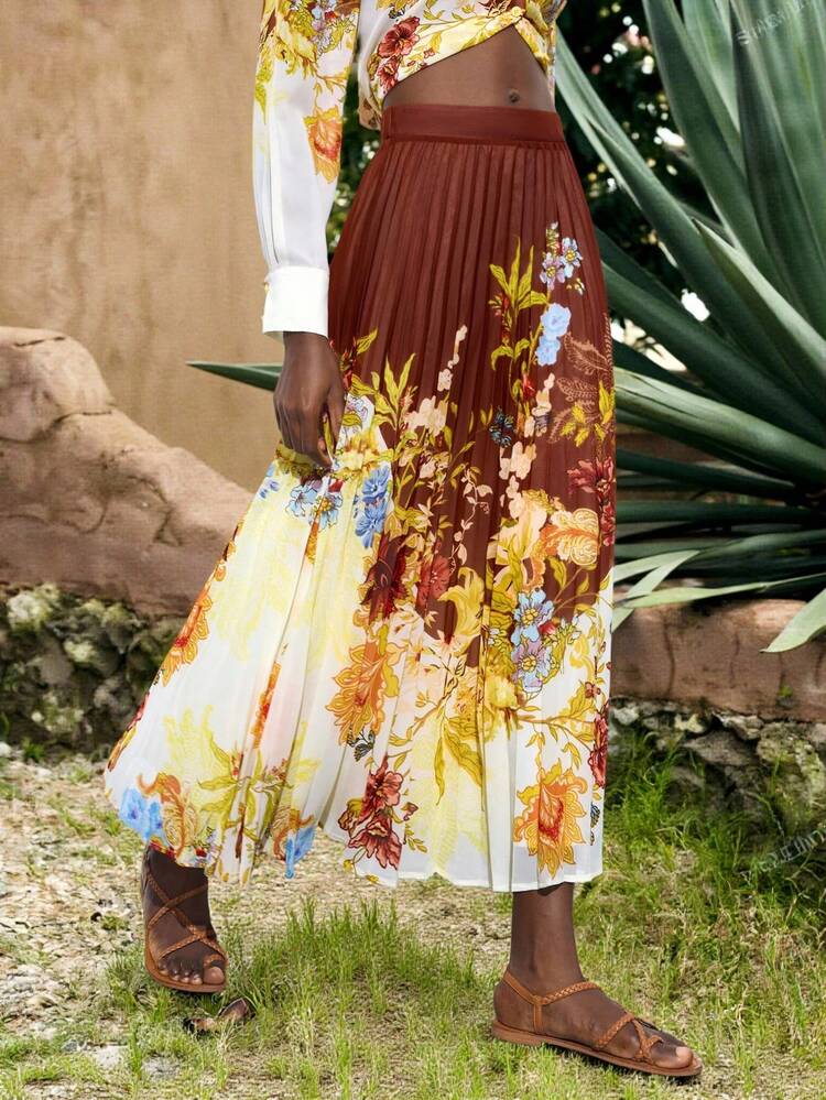 SHEIN Maija Women Floral Print Pleated Long Casual Skirt For Holiday Vacation Outfits Woman Beach Outfits For Woman Vacation Outfits Boho Clothes Women Resort Wear Women Boho Skirt Maxi Skirts Boho Women Clothing Bohemian Clothes For Women