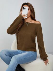 SHEIN PETITE 女款棕色毛衣，秋季休閒日常露肩上衣，斜肩坑條紋套頭衫，長袖不對稱毛衣，適合秋冬，小碼女款 - 棕色 - 查看 7