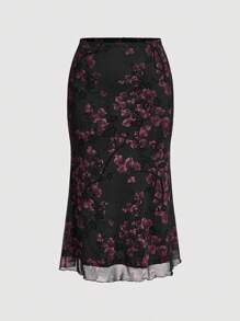 Firerie Elegant Floral Print Fitted Skirt, Plus Size - Multicolor - View 3
