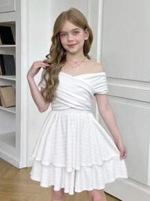 SHEIN 优雅纯色时尚休闲露肩少女连衣裙