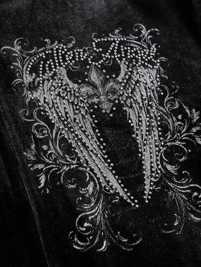 Grunge Punk Sweat-shirt à capuche pour femmes avec imprimé d'ailes style grunge délavé et ornements de strass