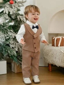 SHEIN 3pcs Baby Boys Gentleman Style Outfit,White Shirt,Khaki Vest & Pants,Formal,Summer,Birthday,Brown And White Polka Dot,Wedding Suit,Infant Formal Wear - Khaki - View 4