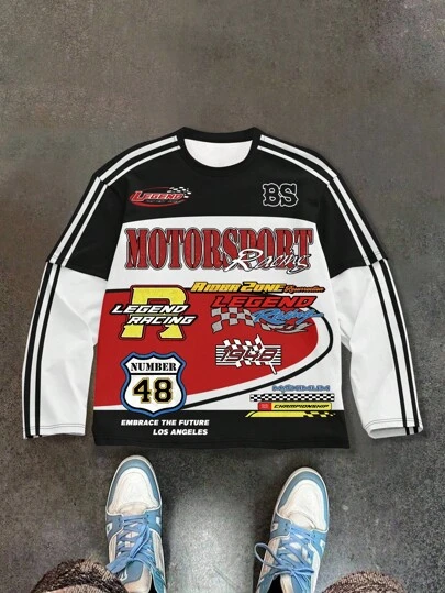 ROMWE MEN Street Life 男士撞色拼接标语印花长袖T恤