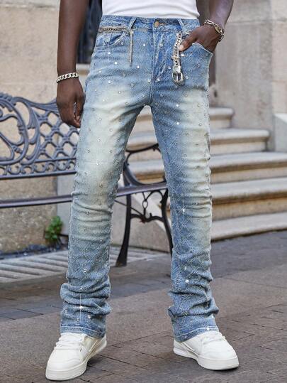 Street Life Men's Slim Fit Layered Rhinestone Embellished Jeans