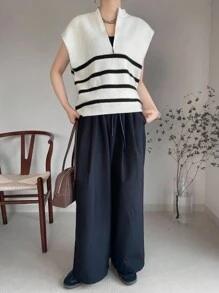 FRIFUL 女士条纹拉链半开襟短袖宽松针织衫 女士针织上衣 夏季针织上衣 条纹针织上衣 短袖毛衣背心 拉链针织上衣 - 黑與白 - 查看 6