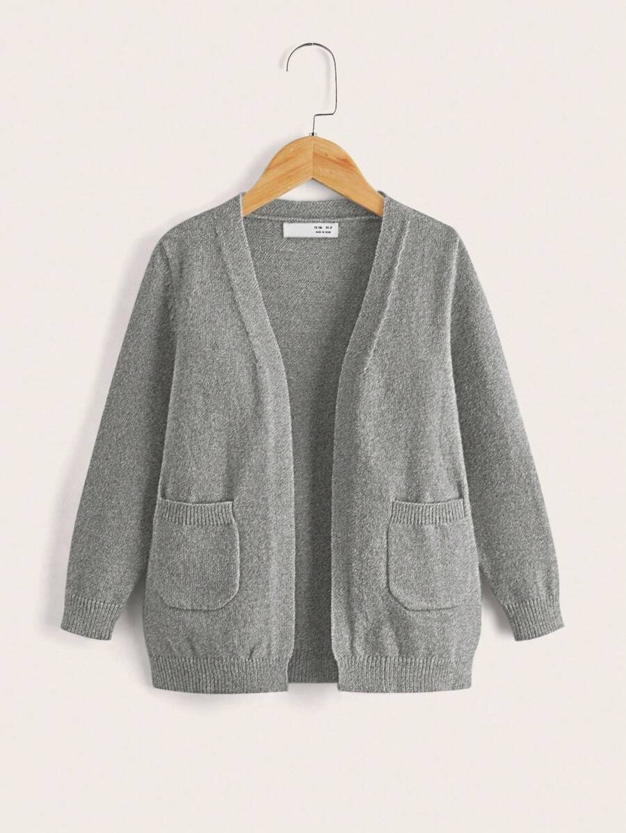 SHEIN 秋冬少女休闲纯色口袋开衫 - 灰色 - 查看 1