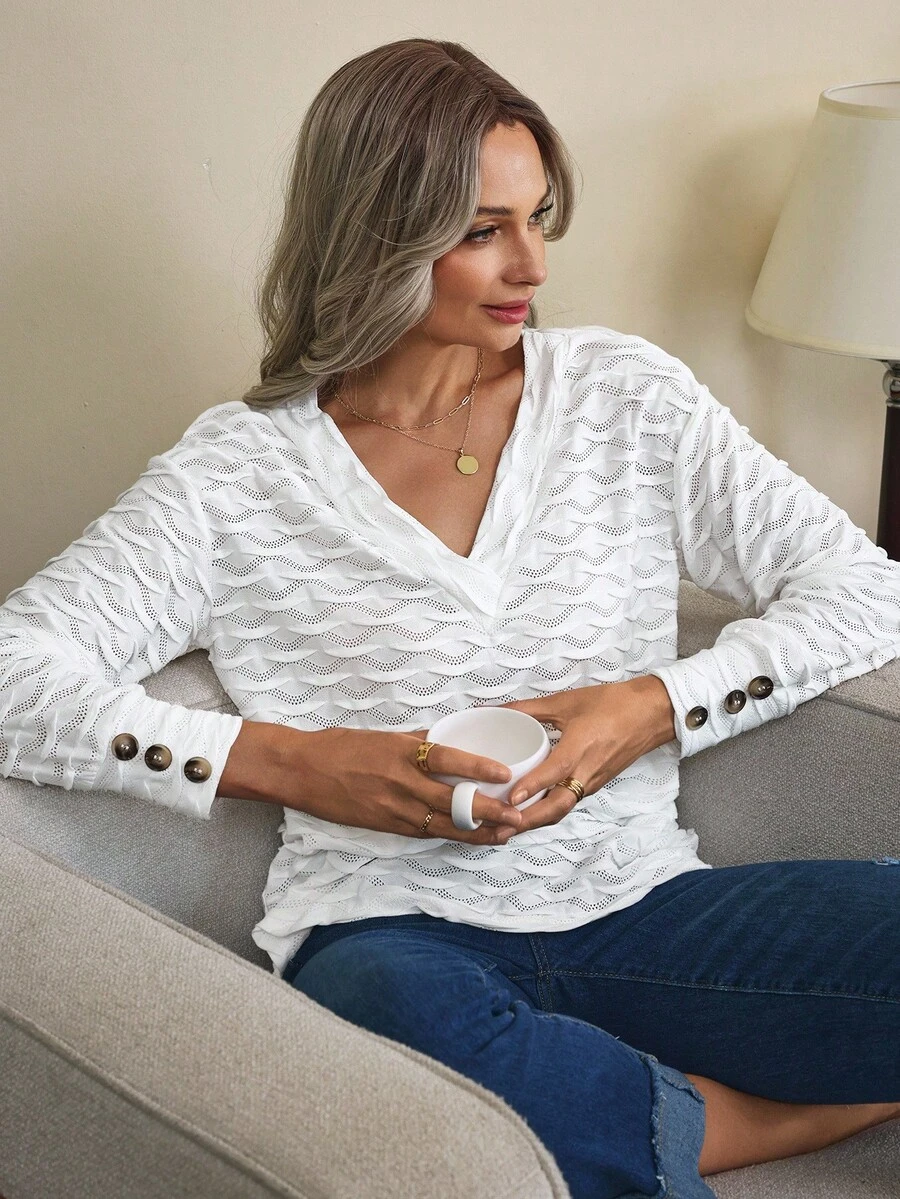 EMERY ROSE Casual Versatile Minimalist Solid Color Textured Long Sleeve T-Shirt - White - View 1