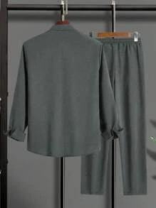 Manfinity Homme 2pcs Men's Casual Solid Color Shirt And Pants Grey 2-Piece Leisure Set, Long Sleeve Shirt And Pants, Old Money Style,Fall Clothes, Cozy Outfits