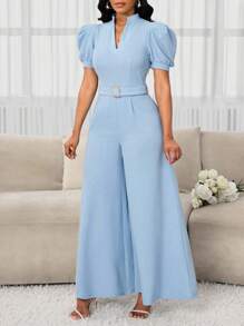 SHEIN Lady Women Elegant Solid Color Puff Sleeve V-Neck Stand Collar Slim Waist-Closing Metal Belt Vacation Commuter Wide Legs A-Style Jumpsuits Wearable In All Seasons   Wedding Guest  Old Money Style Women  Classy Outfits For Women Business Casual Outfits Women  Birthday Outfit  Going Out  Back To School Outfits Women  Jumpsuits For Woman Elegant   Back To School  Concert Outfits For Women Church Outfits Women - Baby Blue - View 4