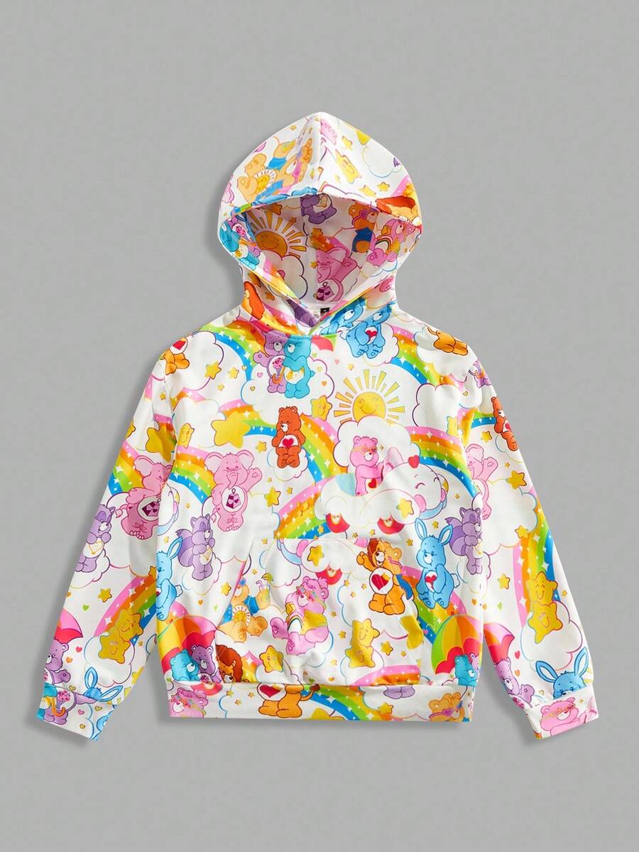 SHEIN X Care Bears Men's Cartoon Pattern Casual Long Sleeve Hooded Sweatshirt , Fall - White - View 1