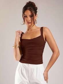 Silquee 女士纯色褶皱修身休闲吊带背心 - 咖啡棕 - 查看 5