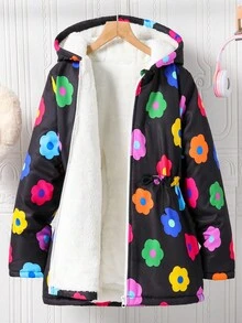 Abrigo con capucha de piel sintética con estampado floral colorido casual para niñas, adecuado para uso diario y para ir al trabajo, otoño/invierno - Multicolor - Ver 2