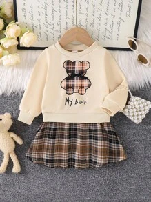 Infant/Toddler Girls Apricot Color Bear Patchwork Plaid Pleated Dress - Apricot - View 1