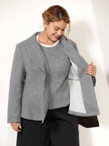 Momelise Plus Size Casual Elegant Daily Office Commute Solid Color Umbrella Hem Mandarin Collar Textured Button Detail Blazer Vintage Autumn Fall Cloth For Women Winter - Grey - View 9