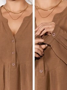 Momelise Plus Size Popular Minimalist Fashion Loose Fit Long Button Decor Round Neck Solid Color 2 Pieces Set For Women, Autumn/Winter Maillard Style Fall Cloth For Women