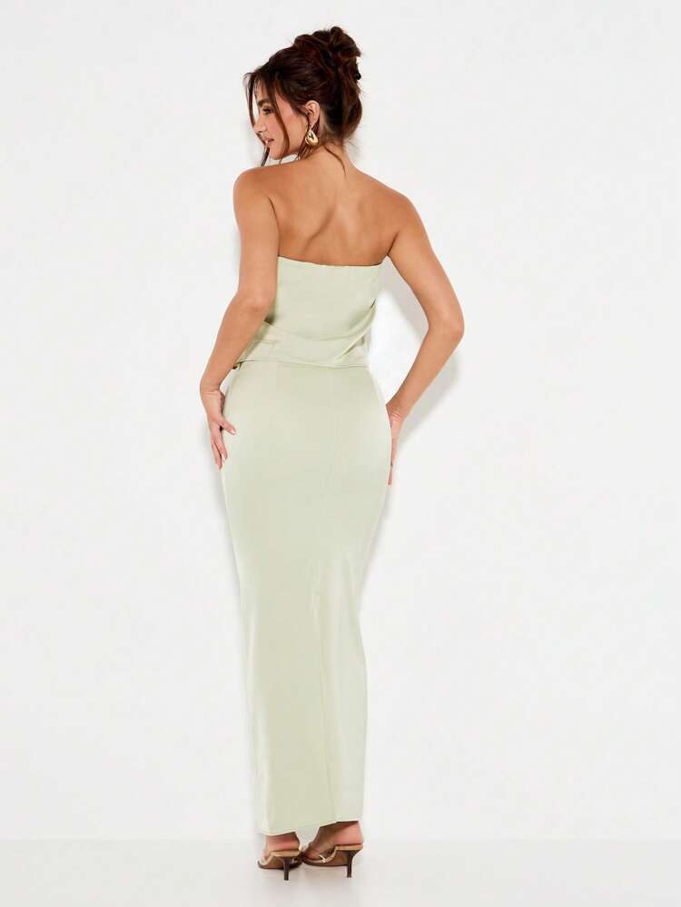 KIZN Conjunto de dos piezas de satén verde salvia con top bandeau corto y falda larga elegante para fiesta, boda, ocasión formal en primavera y verano