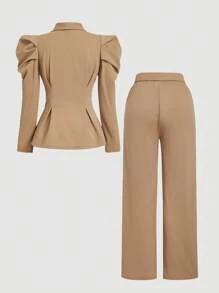 SHEIN MOD 女士两件套棕色复古喇叭袖修身西装外套和直筒裤，节日女装，女装，新年，优雅套装，秋冬新年装扮 - 棕色 - 查看 2