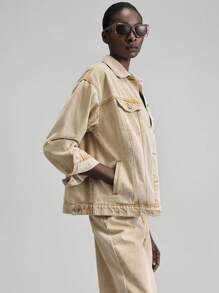 Ontre Women's Brown Denim Jacket, Retro Old Money Style, Long-Sleeved Top, Autumn Casual Wear  Going Out Top - Beige - View 7