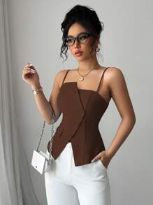 Elenzga 2025新款蓝色不对称设计时尚百搭通勤休闲束腰吊带背心 - 棕色 - 查看 6