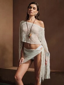Swim Chiccia Women's Oblique Shoulder Slit Sleeve Sheer Cropped Cover-Up Top Paired With Lace Cover-Up And Mini Skirt Set - Brown - View 3