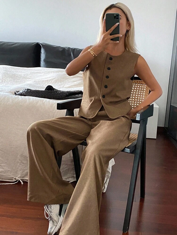 Women's Casual Solid Color Vest And Wide Leg Pants 2 Pieces Set, Autumn