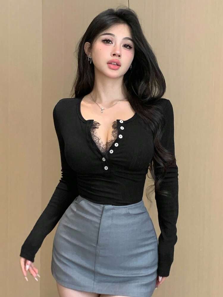 Women's Lace Patchwork Fitted Long Sleeve T-Shirt, Sexy Undershirt, Spring/Summer/Autumn,Fall Women Clothes