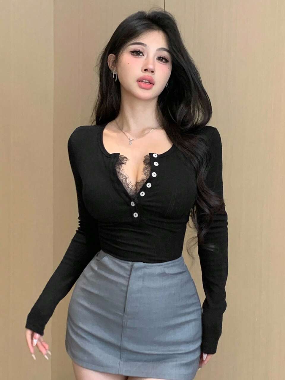 Women's Lace Patchwork Fitted Long Sleeve T-Shirt, Sexy Undershirt, Spring/Summer/Autumn,Fall Women Clothes