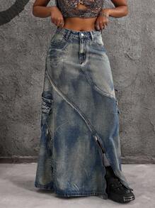 Jeanoix Chân váy Maxi denim cỡ lớn có túi tiện dụng dành cho nữ - Màu xanh lam - Xem 4