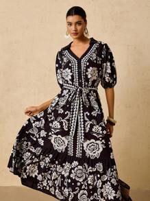 SHEIN VCAY Plus Size Women's Black & White Floral Print Mid-Sleeve Maxi Dress,Boho Elegant Summer Vacation Holiday V-Neck Shirt Collar Waist Cinched A-Line Midi - Black and White - View 5