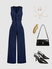 SHEIN MOD Tuta intera smanicata blu navy a vita alta con gamba ampia per donna