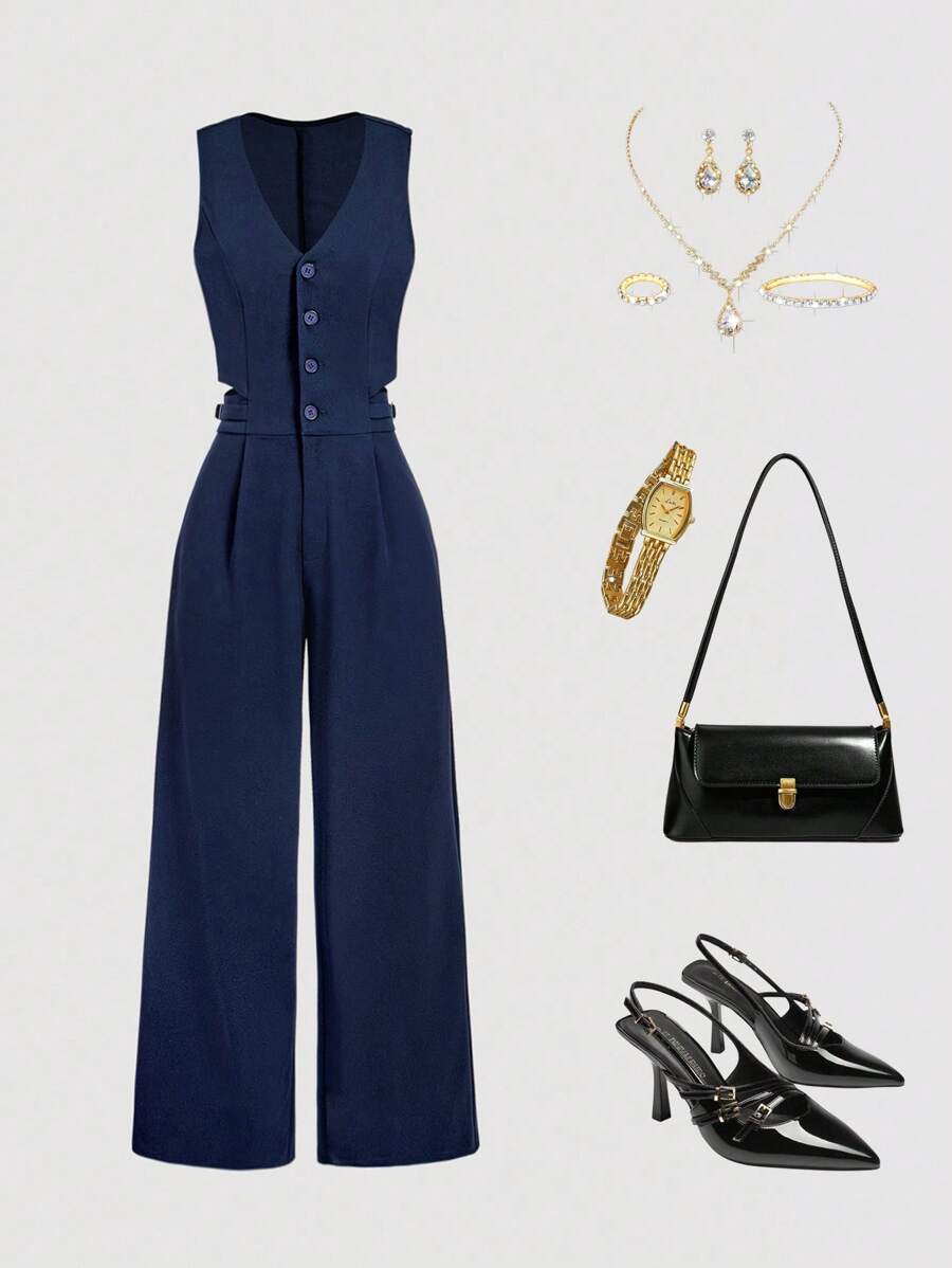 SHEIN MOD Tuta intera smanicata blu navy a vita alta con gamba ampia per donna