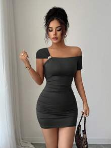 INAWLY Women's Elegant Sexy Asymmetrical Neck Metal Buckle Ruched Mini Dress, Suitable For Vacation, Date, And Commute - Black - View 5