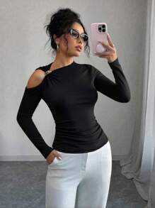 Elenzga 女式纯色金属装饰镂空肩部长袖修身T恤 - 黑色 - 查看 3