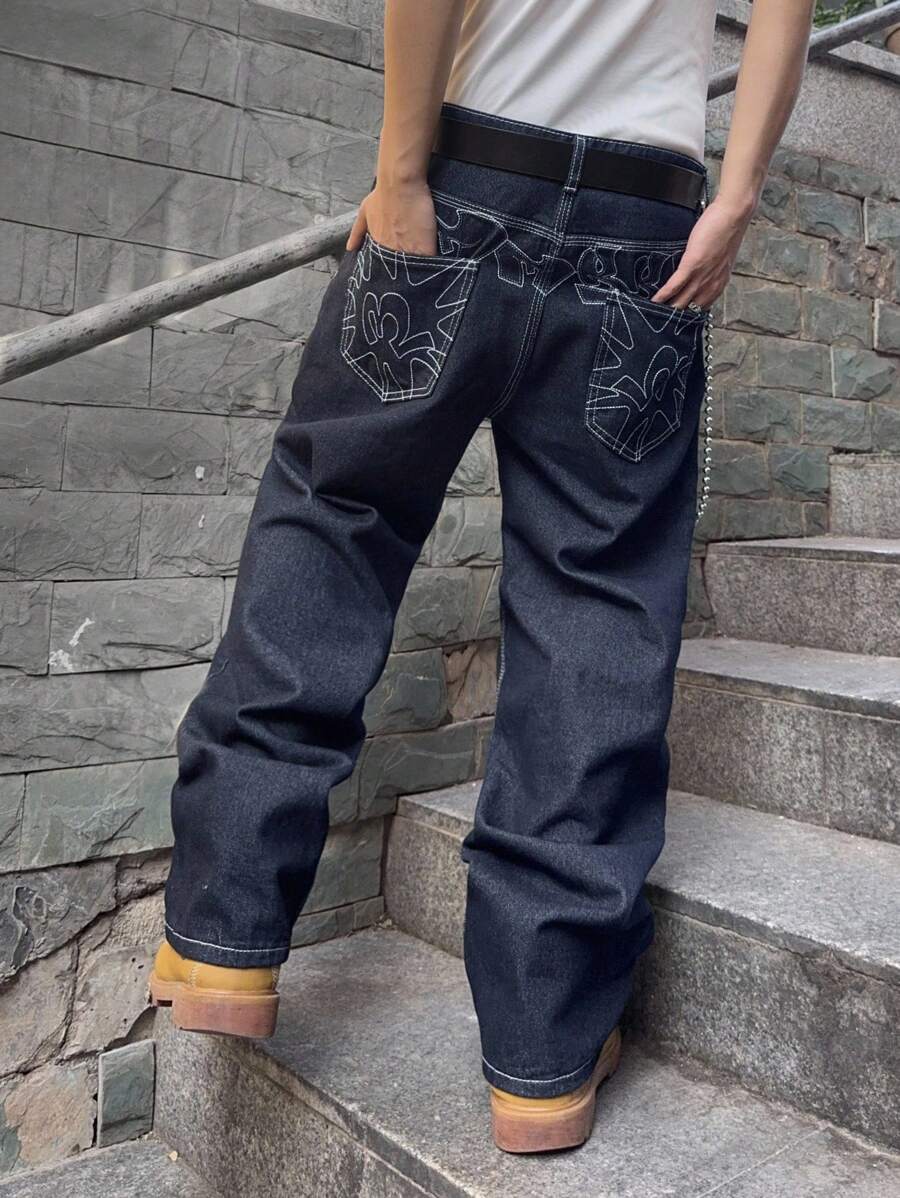 Manfinity EMRG 男士口袋宽松阔腿休闲百搭牛仔裤 - 深色水洗藍 - 查看 1