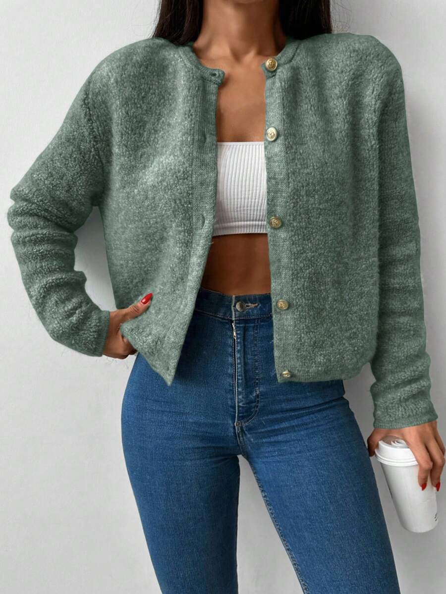 EURMUSE Button Front Drop Shoulder Cardigan - Green - View 1