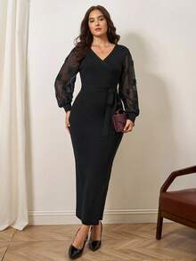 Chikora Robe longue en tricot noire à col en V et manches longues en dentelle pour femmes grandes tailles. Robe mi-longue noire élégante à manches longues. Robe en dentelle noire pour l'automne/l'hiver - Noir - Voir 3