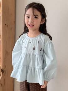 Dazy Kids 小女孩可爱刺绣长袖衬衫 - 藍色 - 查看 2