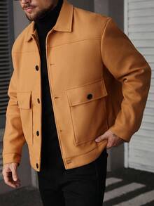 Manfinity CasualCool 男士纯色长袖单排扣工装口袋休闲大衣，复古风格，秋冬款 - 卡其色 - 查看 3
