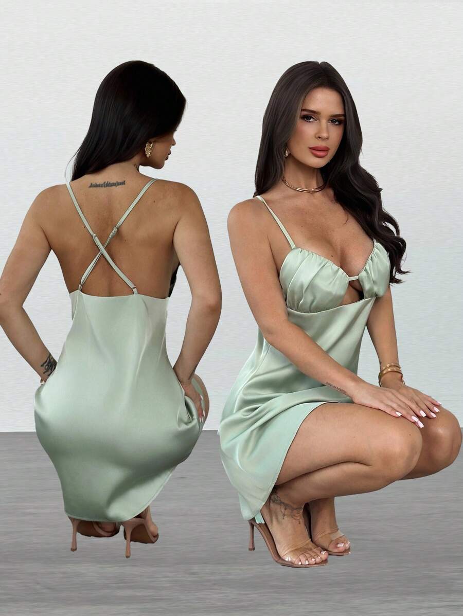 Firerie Summer/Autumn Versatile Dress, New Elegant Romantic Sleeveless Backless Green Satin A-Line Mini Dress, Suitable For Party, Date, Back To School, Vacation