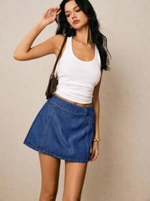 Poéselle 女式高腰侧拉链休闲牛仔短裙 - 深色水洗藍 - 查看 2