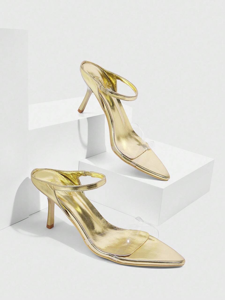 CUCCOO SZL Women's Pointed Toe Stiletto High Heel Sandals, Gold Color, Fashion For Daily Commute And Street Wear