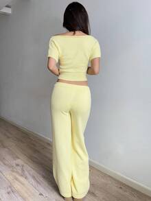 Sunnyshic Women's Yellow Casual Vacation Off Shoulder Short Sleeve Sweater 2 Pieces Set. 2 Pieces Lounge Set Women Yellow Two Pieces Set For Women Butter Yellow Two Pieces Set. Cute And Cozy. Fall Essentials.